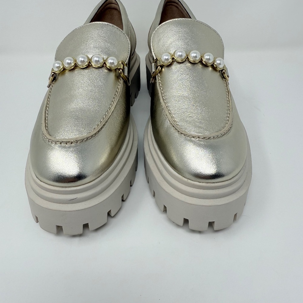 New Stuart Weitzman Perla Ultra Lug Sole Loafers Platino Gold Sz 7 - Picture 10 of 14